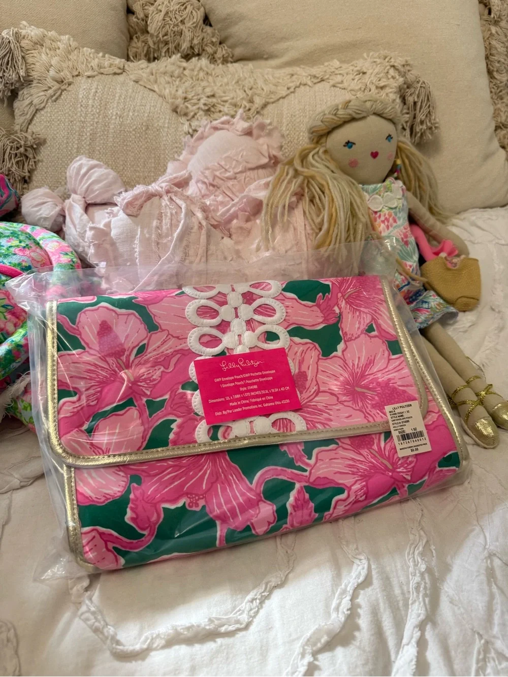 Lilly Pulitzer Envelope Pouch Clutch Kelly Green Hibis Kiss with Gold Trim